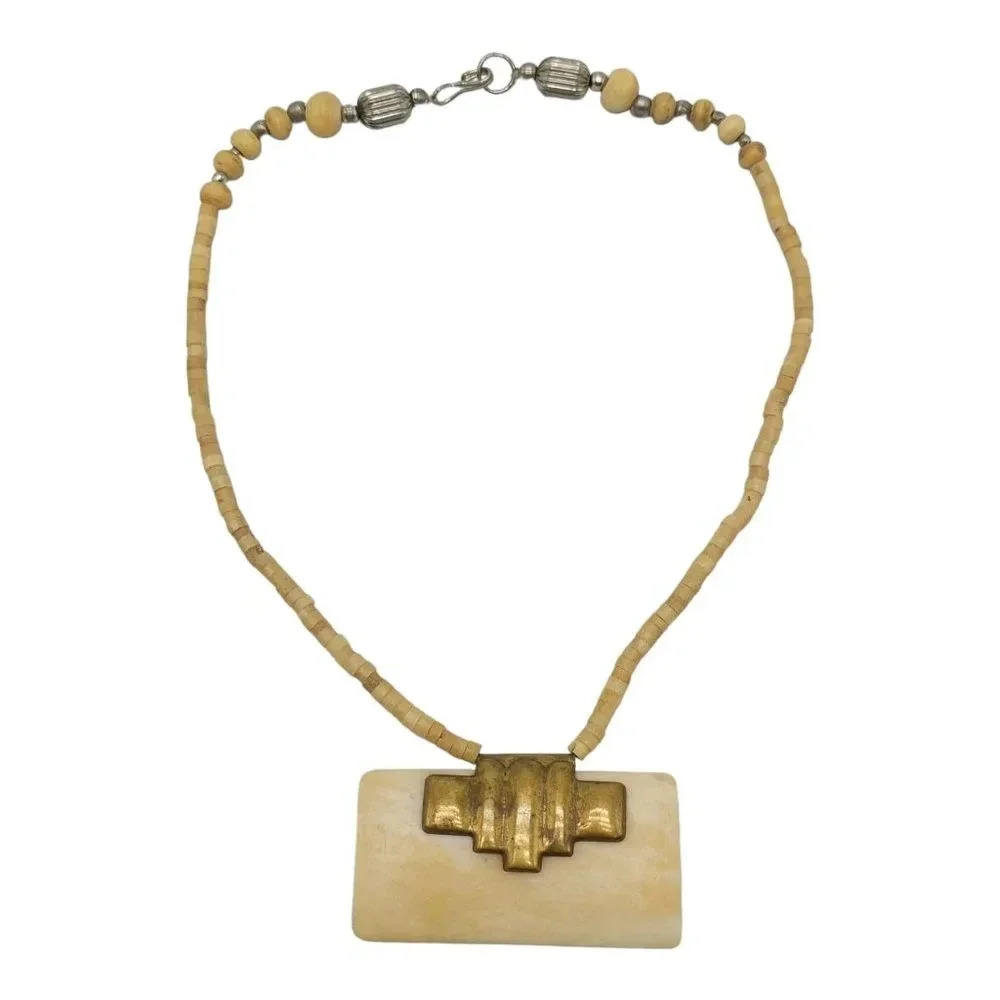 Bovine Bone Bead Beaded Bohemian Brass Statement Necklace